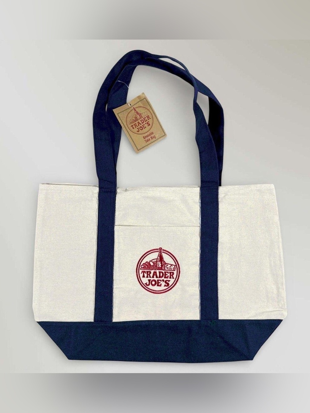 Trader Joe's Canvas Tote Bag in White & Navy